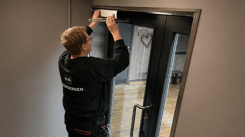 Tekniker fra R. Bergersen kontrollerer dørlukker på branndør i offentlig bygg.
